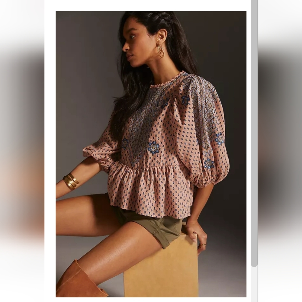 Anthropologie Pink and Blue Paisley Peplum Blouse, Small